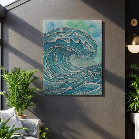 Ocean Wave Japanese Line Art Blue Water Surf Ink Canvas Wall Art