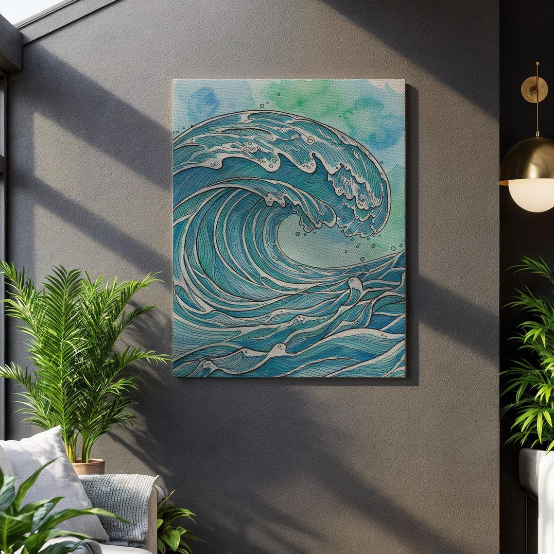 Ocean Wave Japanese Line Art Blue Water Surf Ink Canvas Wall Art