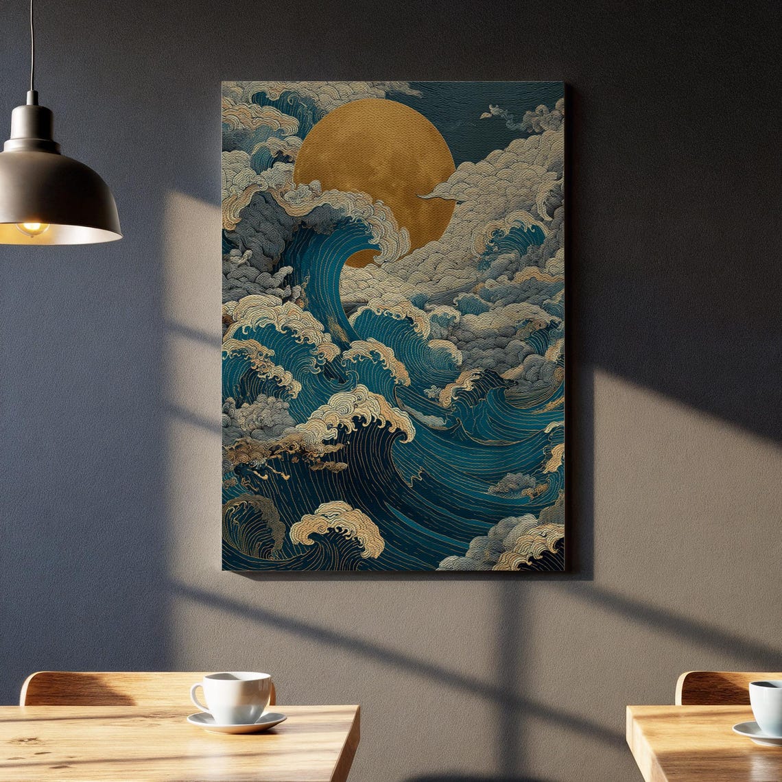 Japanese Woodblock Style Great Ocean Waves Golden Moon Poster