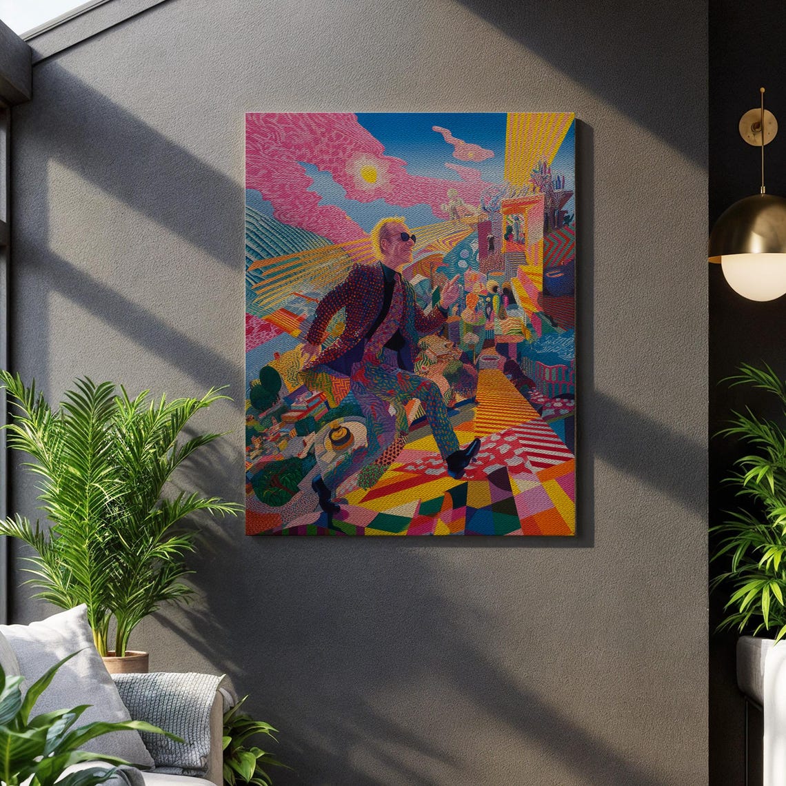 Dancing Musician Pop Art Poster Psychedelic Cityscape Bold Color Suit