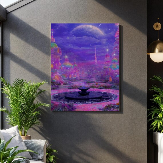 Magical Cityscape Fountain Neon Dreamland Hue Fantasy Framed Display Starry Night Sky Psychedelic Home Touch Radiant Urban Utopia