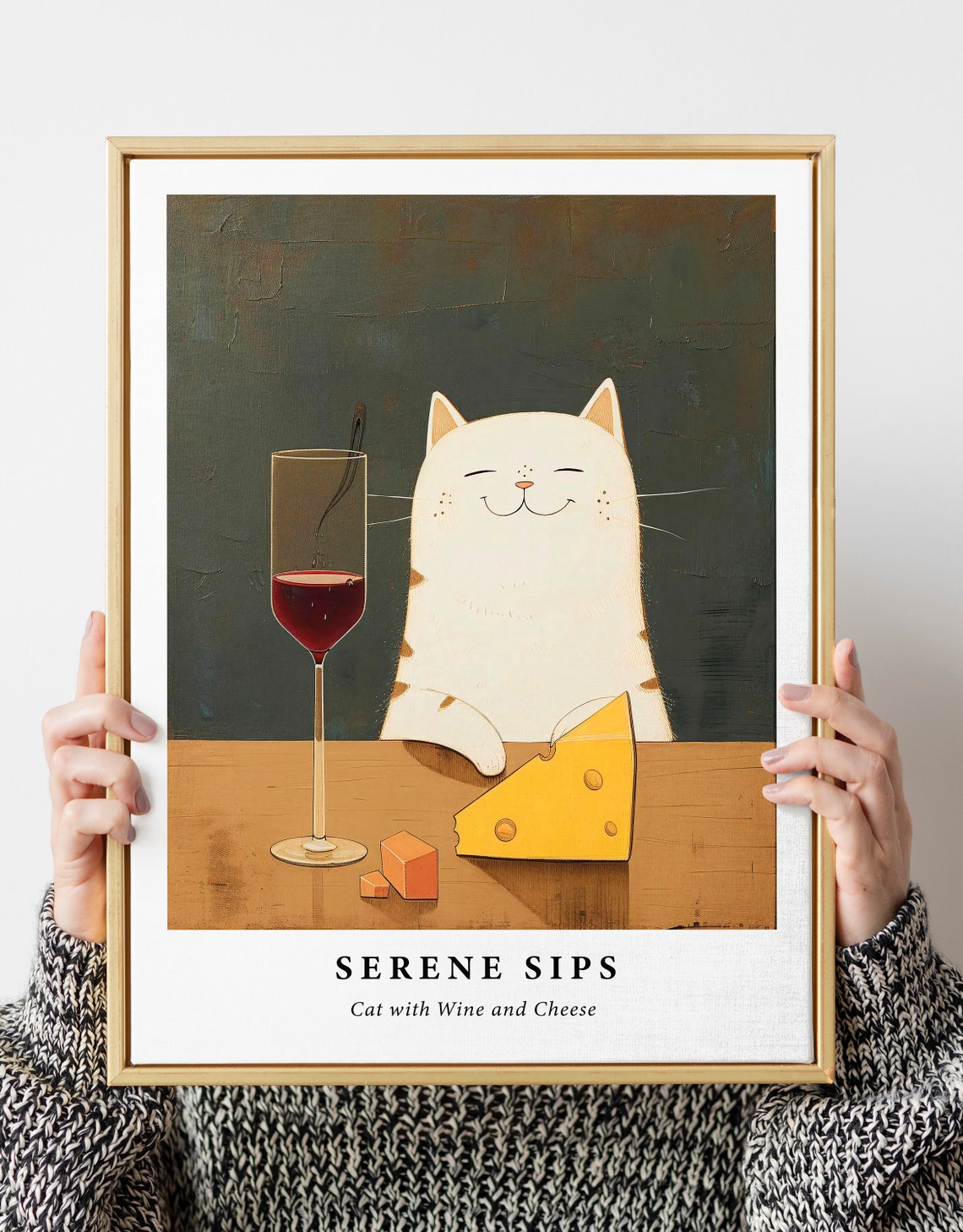 Serene Sips Smiling White Cat With Wine And Cheese Funny Art Print - Image 5