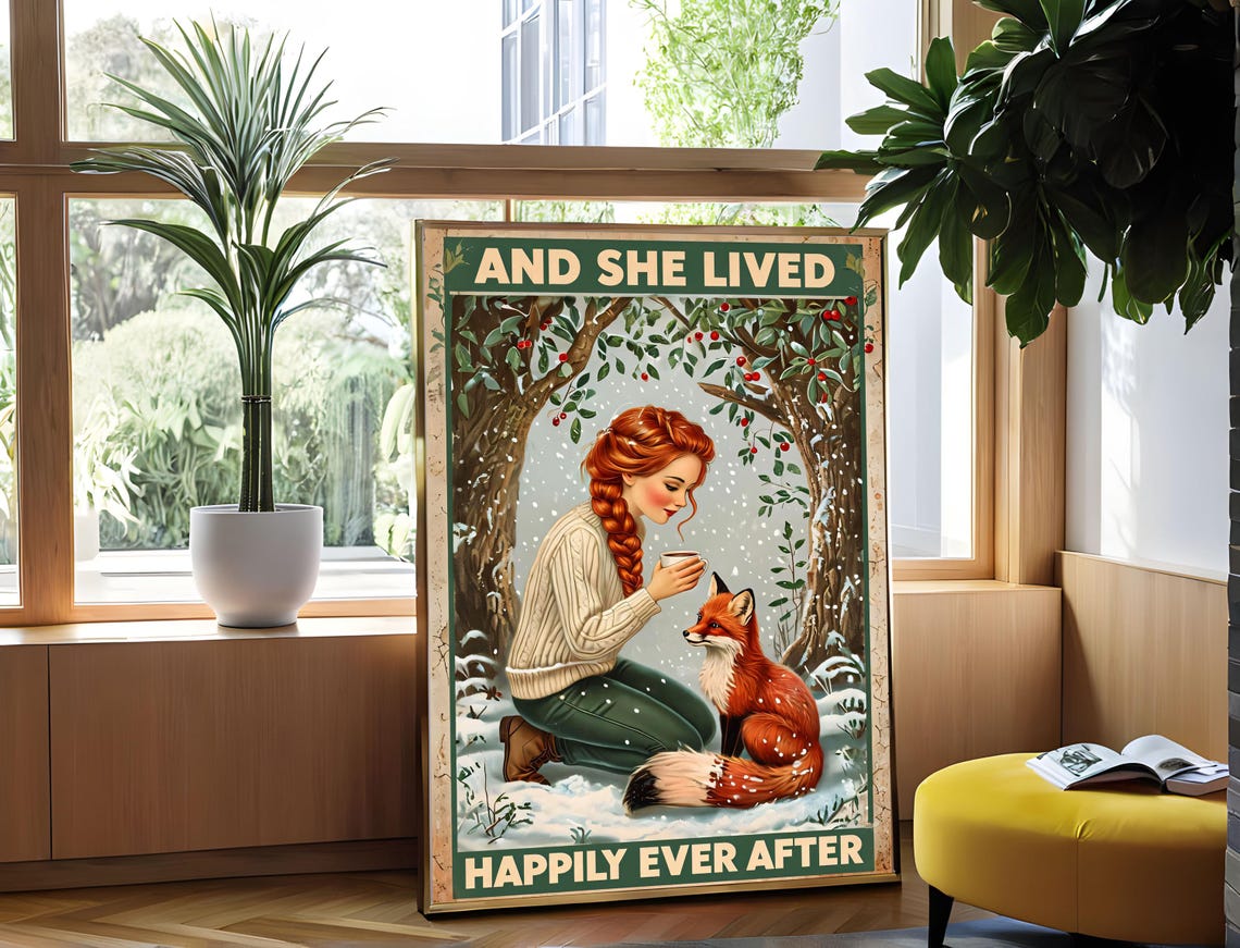 And She Lived Happily Ever After Winter Fox Girl Vintage Poster - Image 4