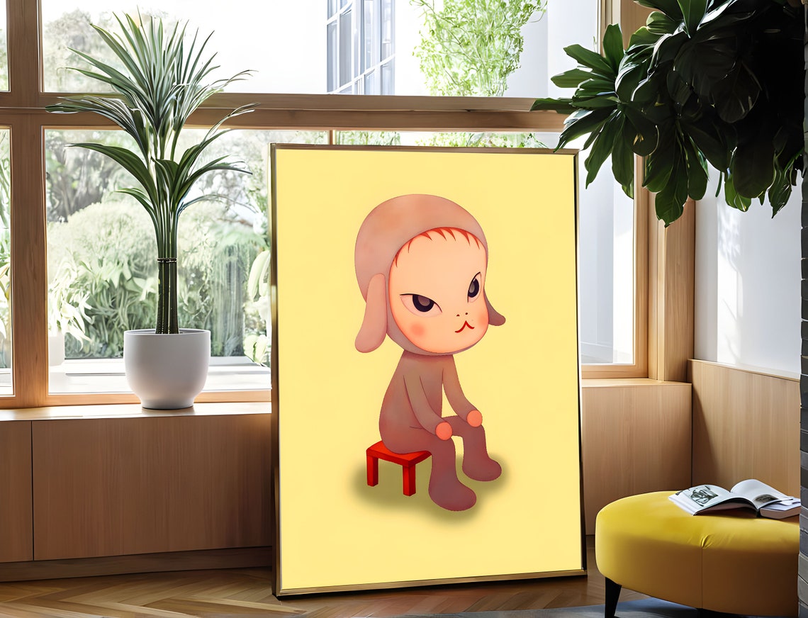 Yoshitomo Nara Whimsical Child Sitting on Red Stool Yellow Poster - Image 4