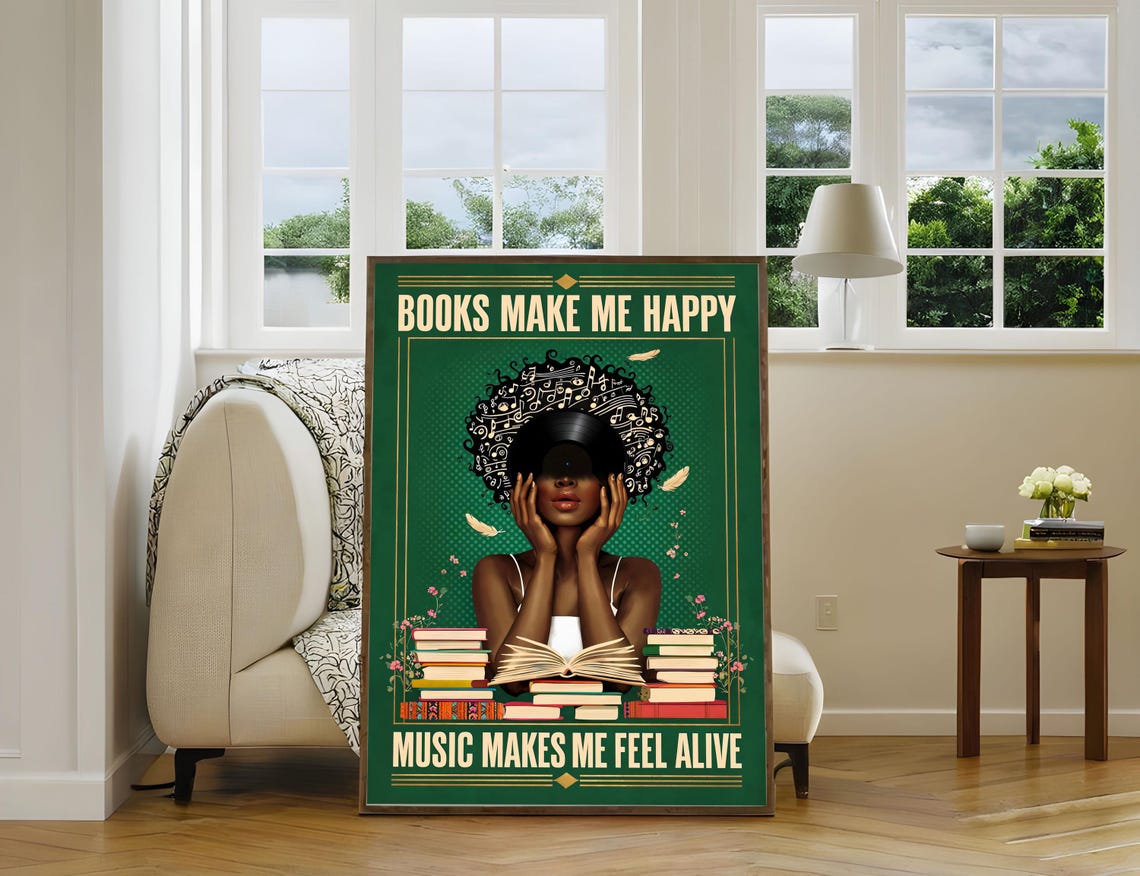 Books Make Me Happy Music Makes Me Feel Alive Retro Art Poster - Image 5