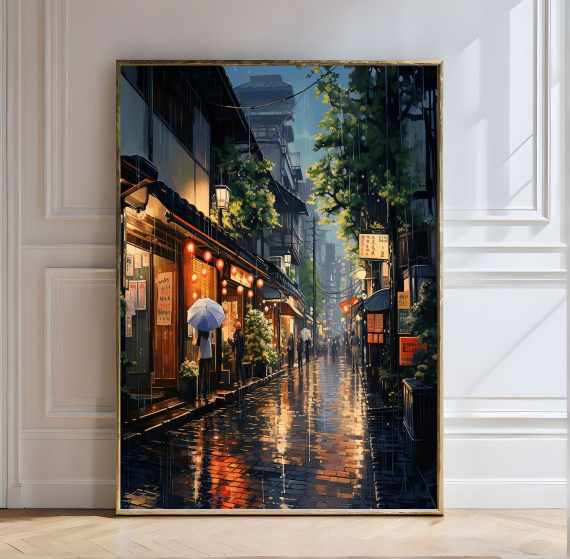 Kyoto Street Night Rain Lantern Glow Japanese Cityscape Poster