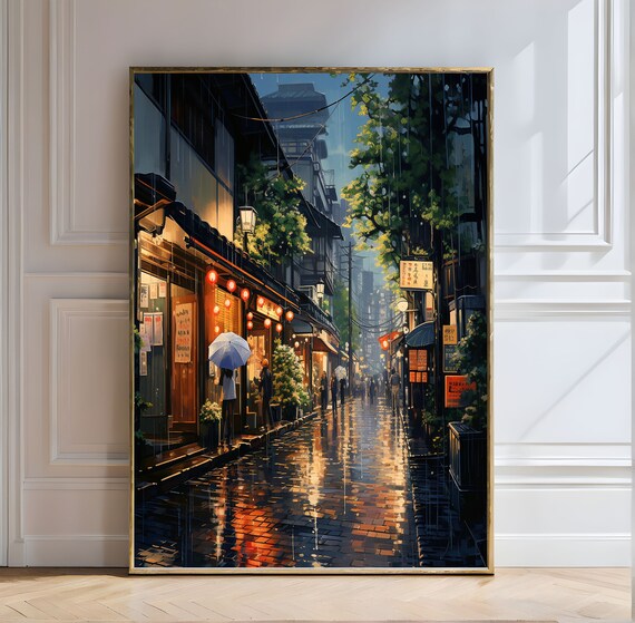 Kyoto Street Night Rain Lantern Glow Japanese Cityscape Poster