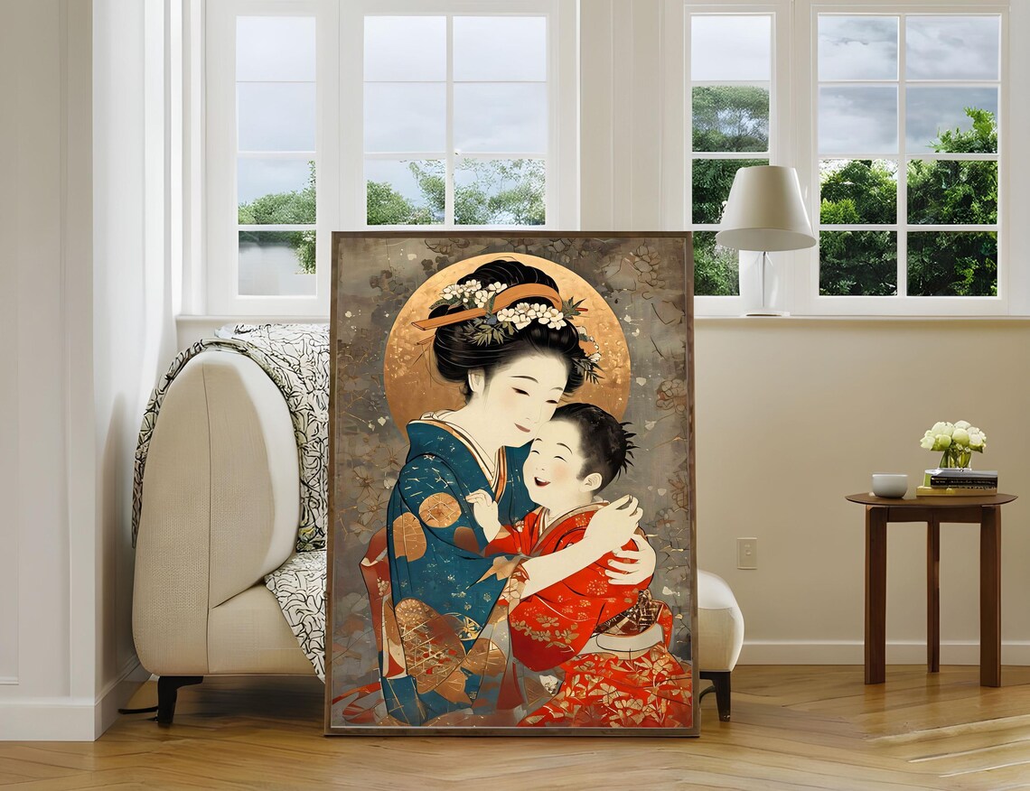 Mother and Child in Traditional Japanese Kimono Embrace Art Poster - Image 2