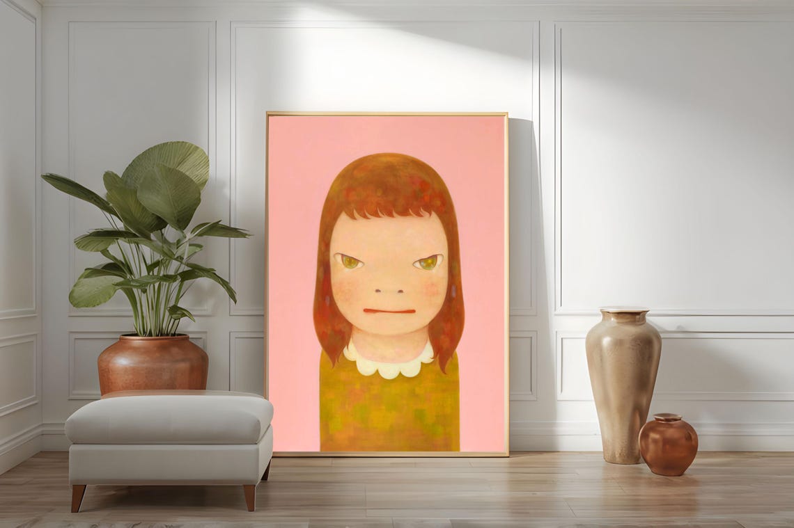Yoshitomo Nara Pink Background Girl Mustard Sweater Portrait Wall Art - Image 5