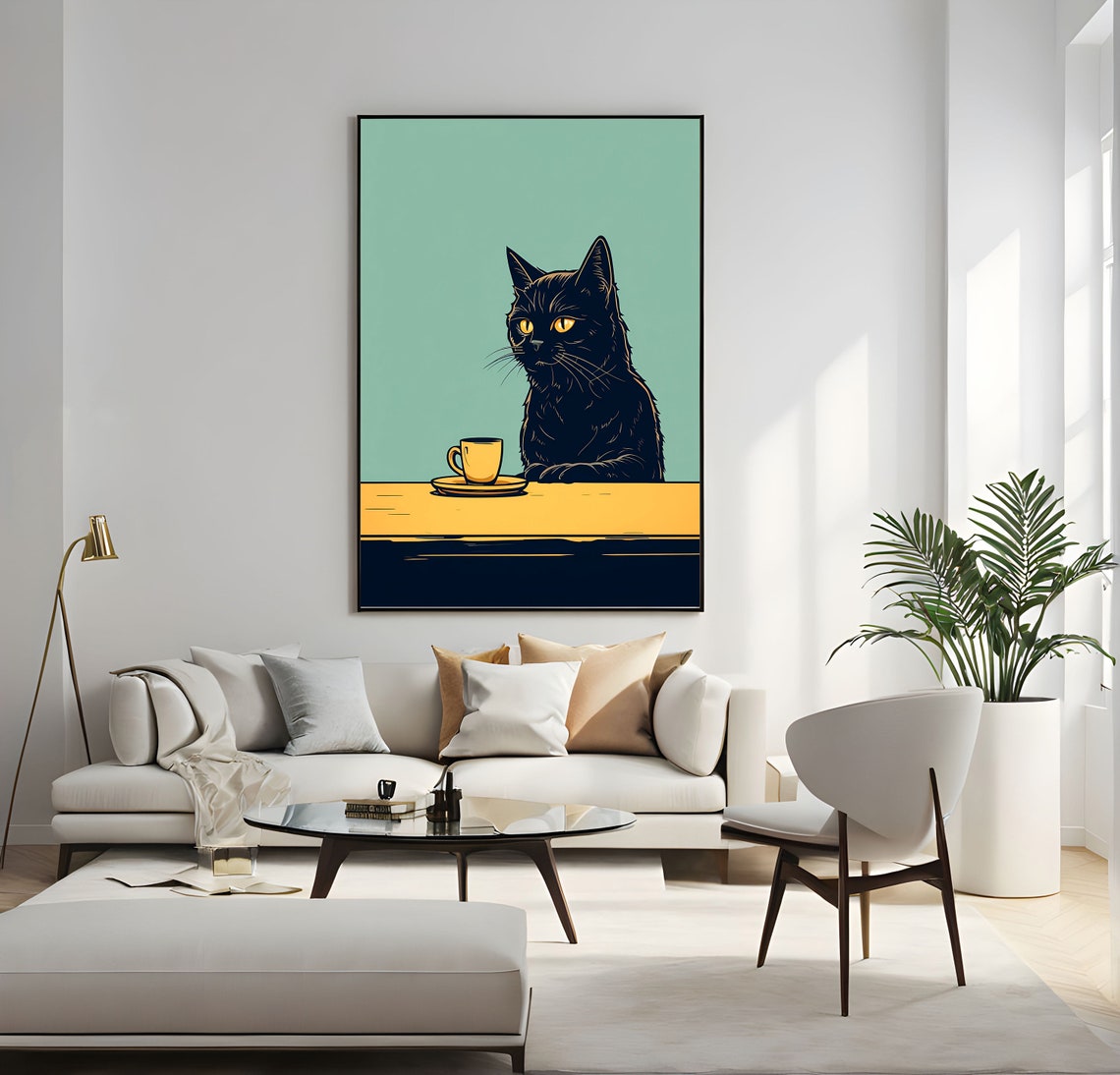 Whimsical Black Cat With Coffee Cup Mint Green Illustration Poster - Image 3