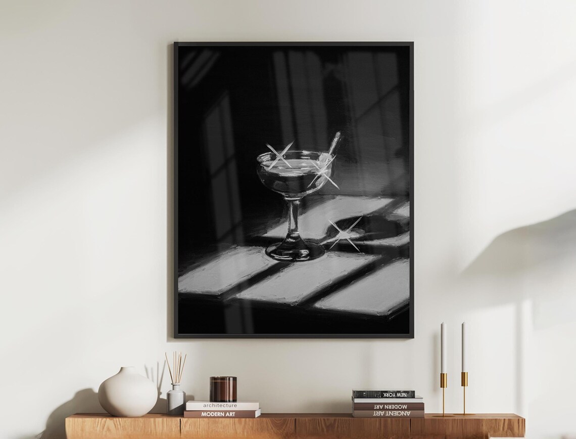 Cocktail Noir Art Print, Minimalist Bar Decor