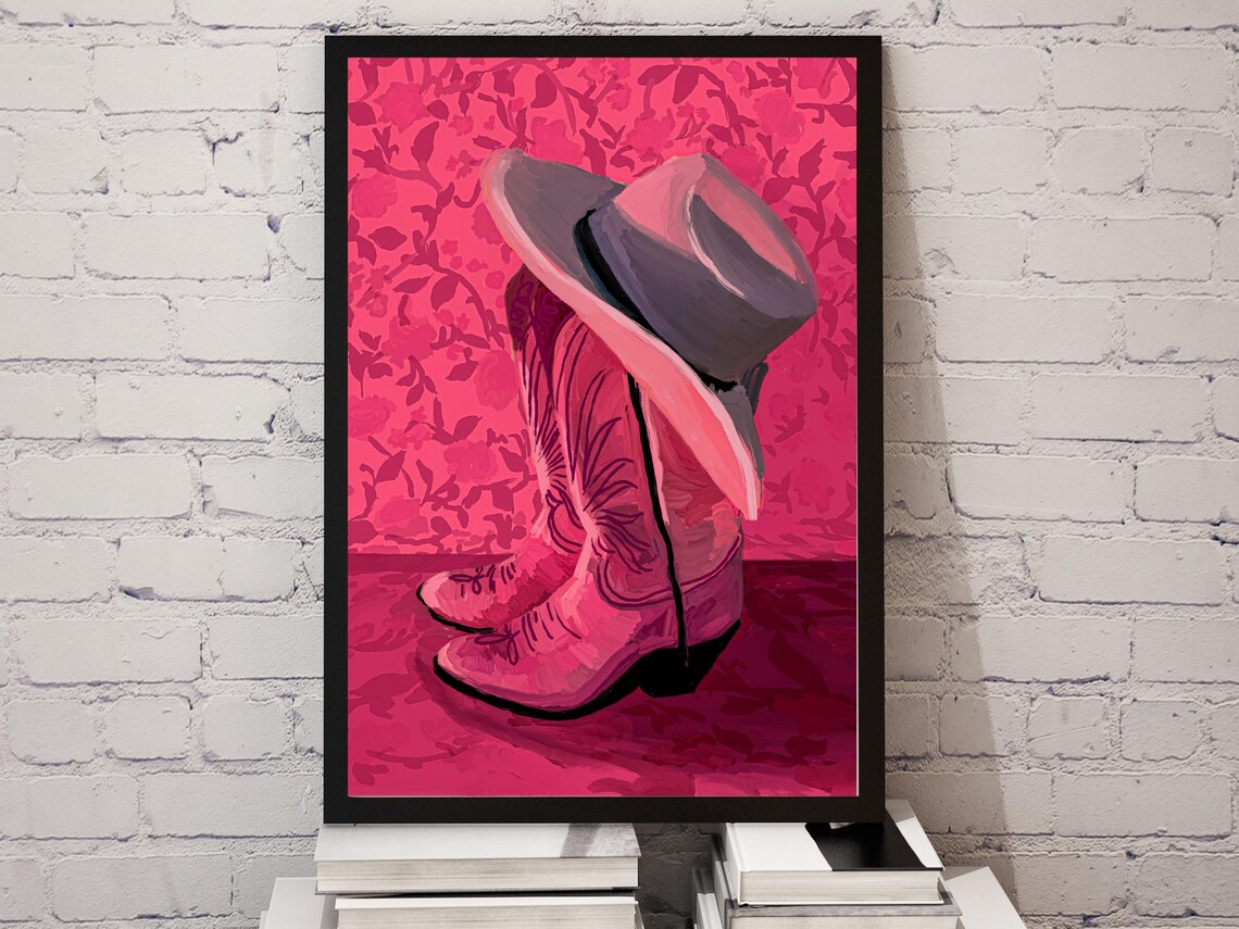 Pink Cowboy Boots and Hat Hot Pink Floral Western Pop Art Poster