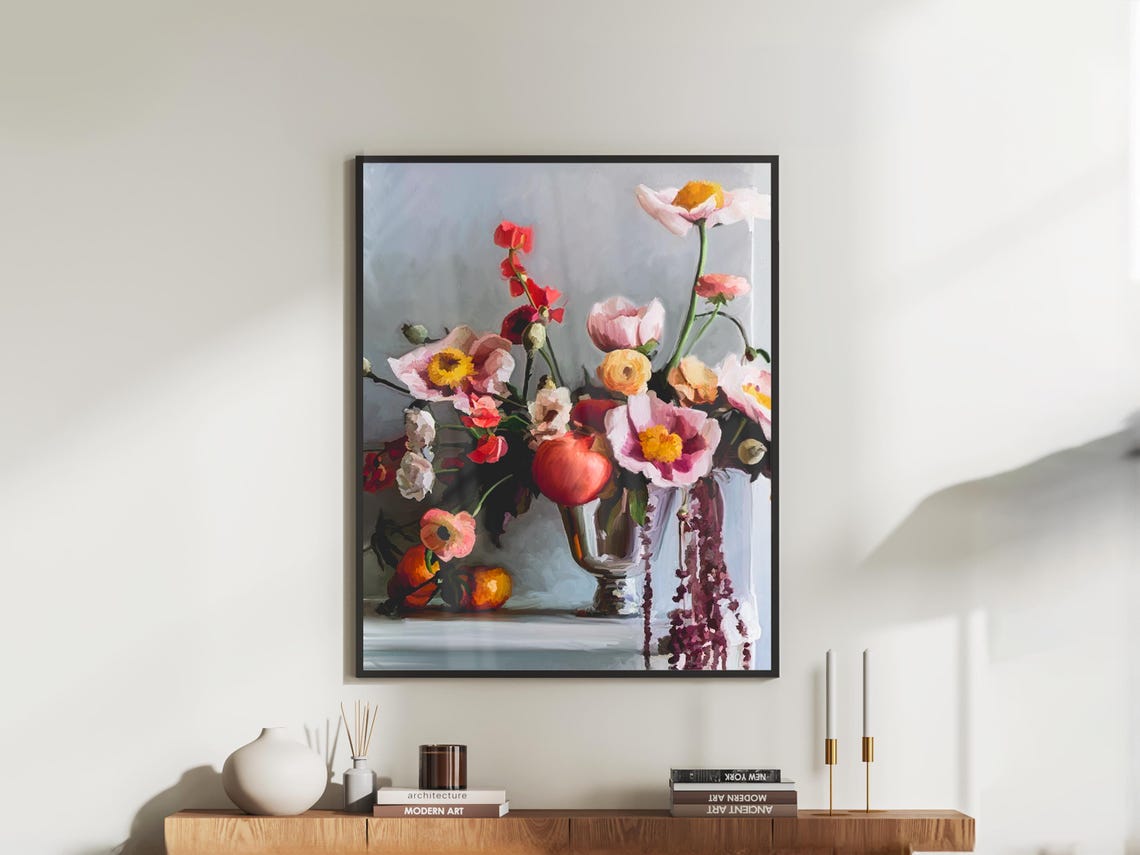Vintage Spring Bloom Floral Still Life Print Pink Anemone Art