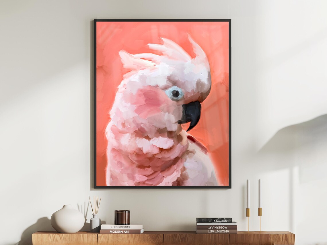 Pink Cockatoo Portrait Coral Oil Painting Style Tropical Bird Poster