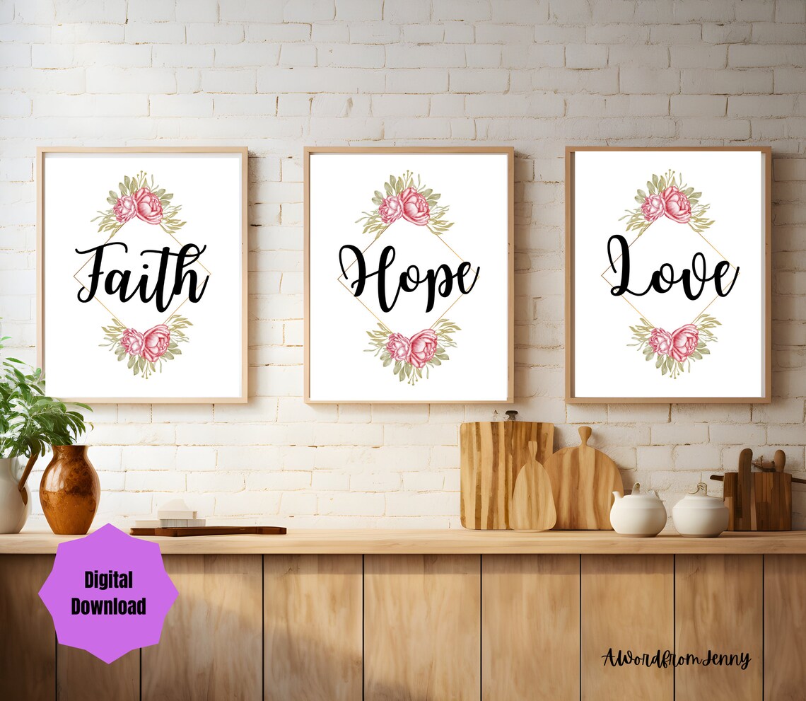 Faith Hope Love Set of 3 Floral Peony Scripture Words Wall Art - Image 3