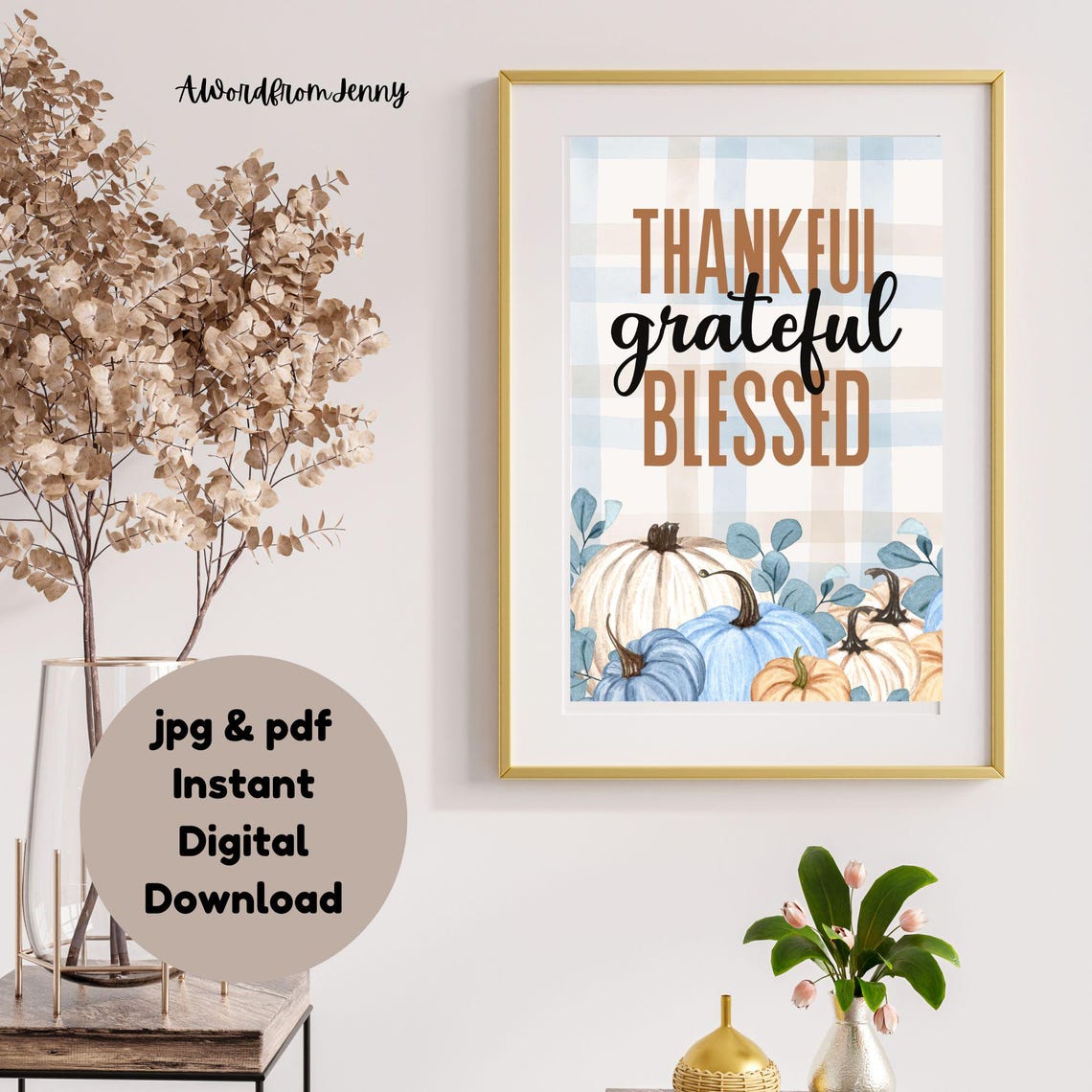 Thankful Grateful Blessed Blue Plaid Pumpkin Fall Harvest Wall Art - Image 2