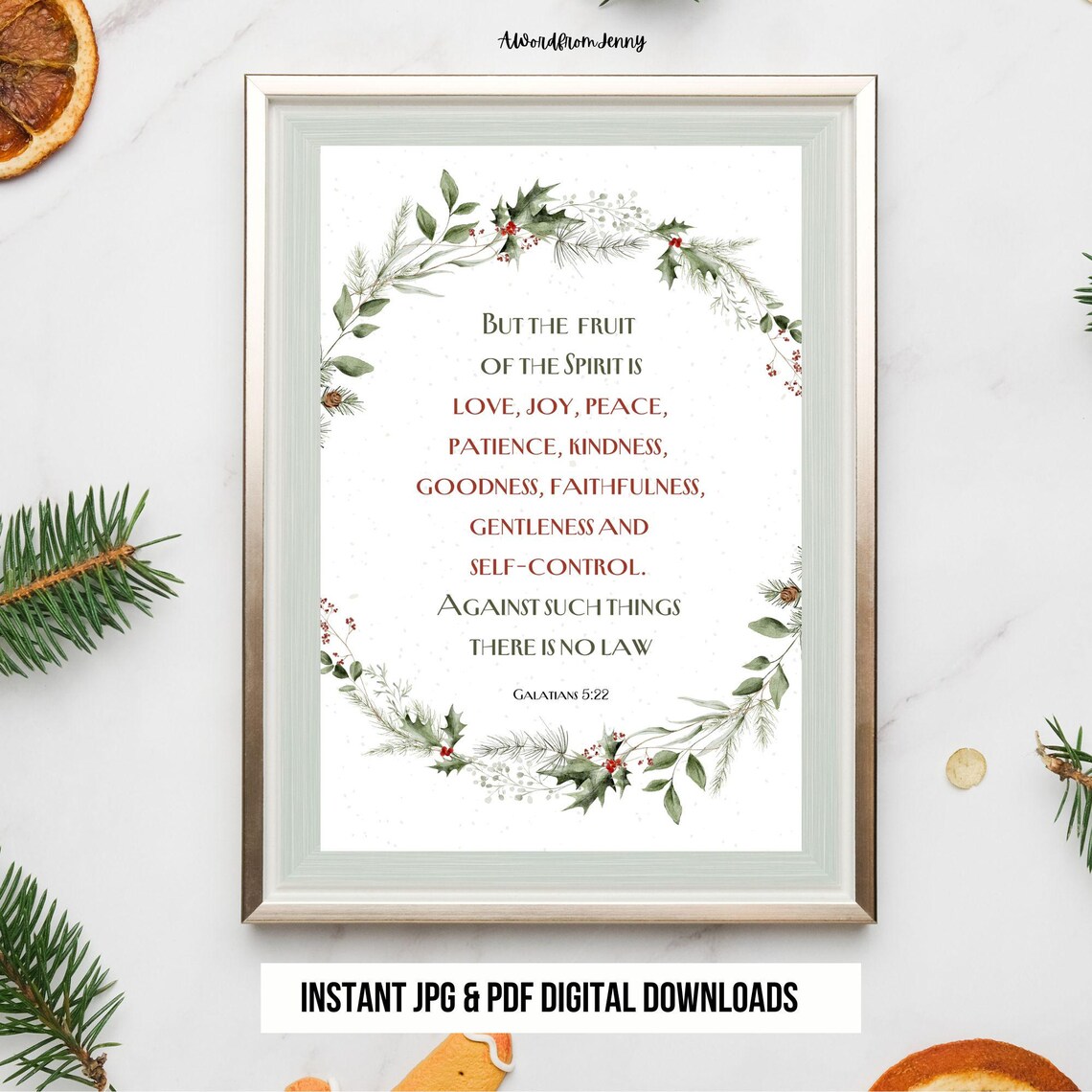 Fruit of the Spirit Galatians 5 22 Christmas Floral Wreath Poster - Image 2