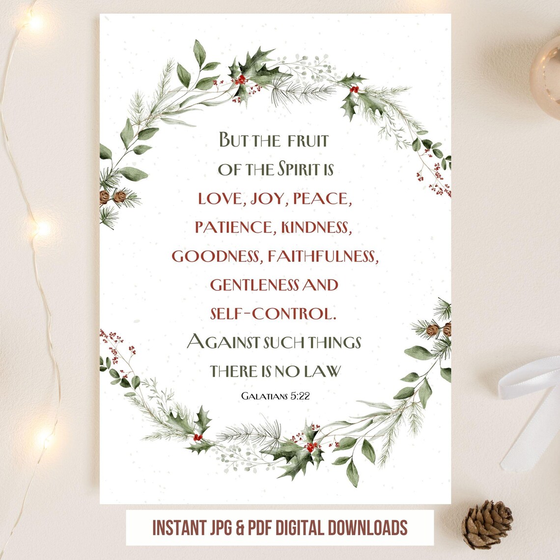 Fruit of the Spirit Galatians 5 22 Christmas Floral Wreath Poster - Image 3