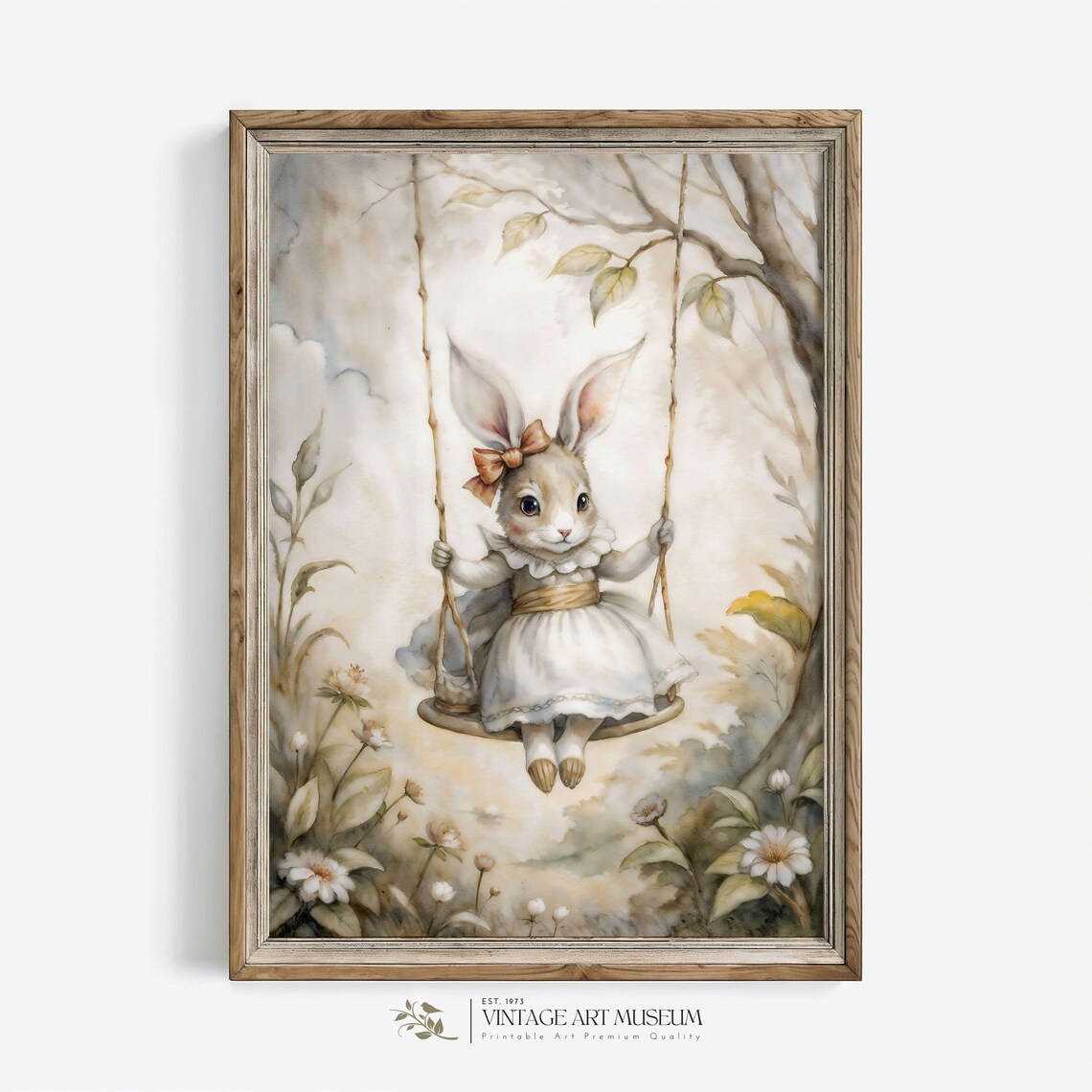 Bunny Girl on Swing Watercolor Nursery Art Print for Girls Room - Image 3