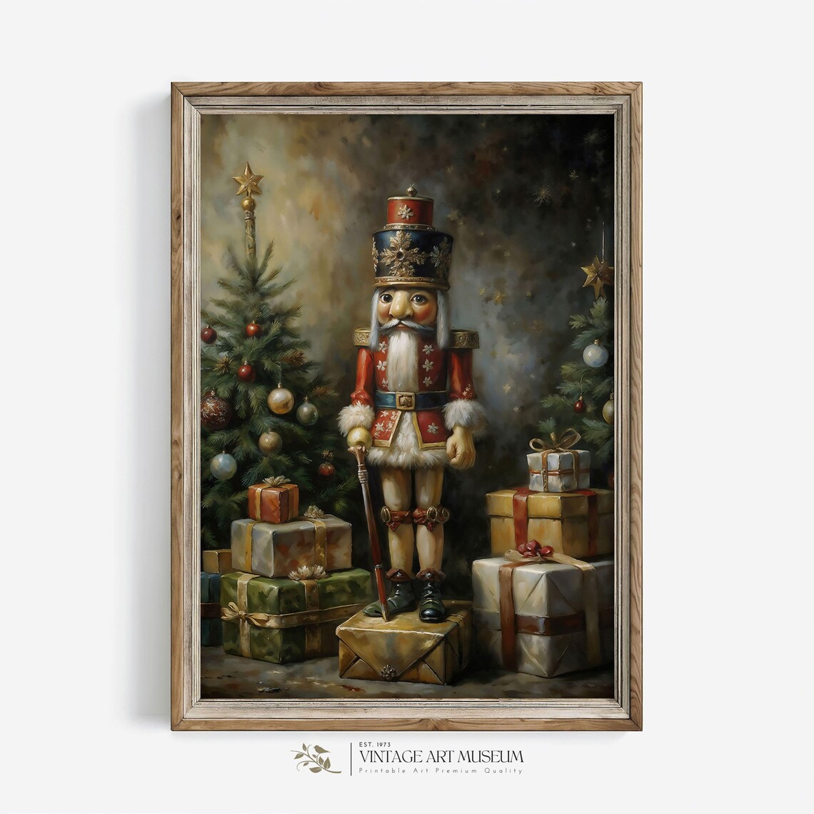 Wooden Nutcracker Toy Christmas Art Print, Rustic Vintage