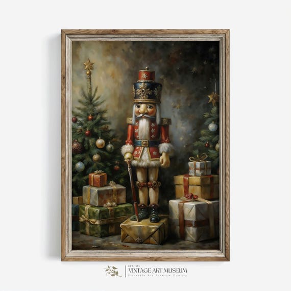 Wooden Nutcracker Toy Christmas Art Print, Rustic Vintage