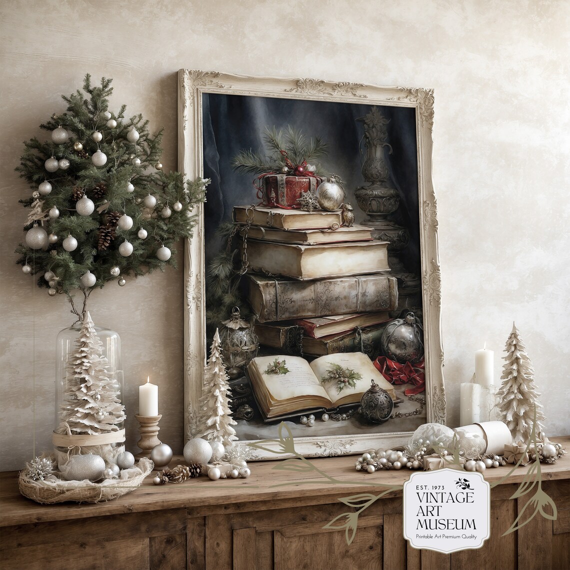 Rustic Christmas Book Still Life, Vintage Cottagecore Decor - Image 3