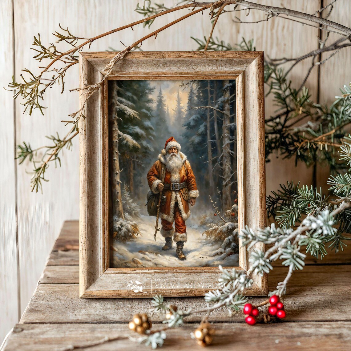 Santa Walking In Winter Forest, Vintage Art Print - Image 3