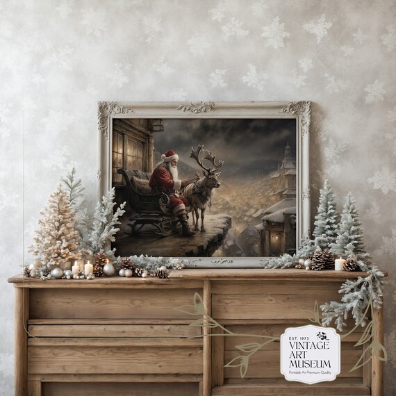 Santa Deer Christmas Village Art Print, Festive Decor