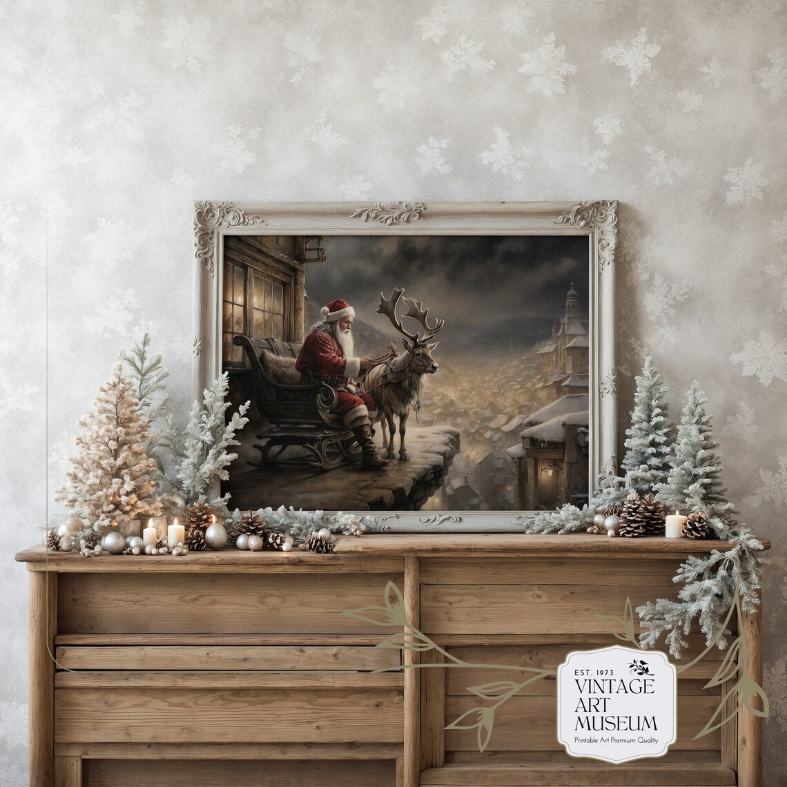 Santa Deer Christmas Village Art Print, Festive Decor