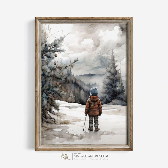 Child Gazing At Christmas Tree In Snowy Forest Watercolor Art Poster