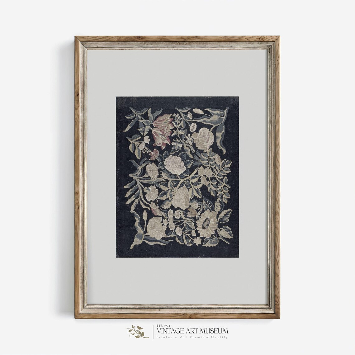 Navy Blue Textile Wall Art, Vintage Floral Pattern Art Print