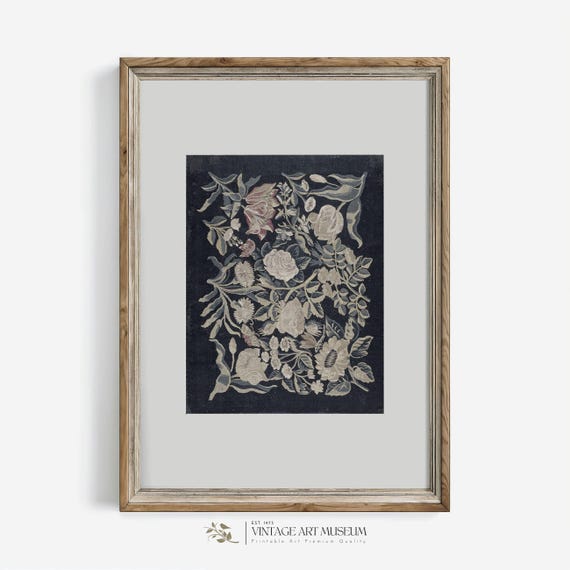 Navy Blue Textile Wall Art, Vintage Floral Pattern Art Print