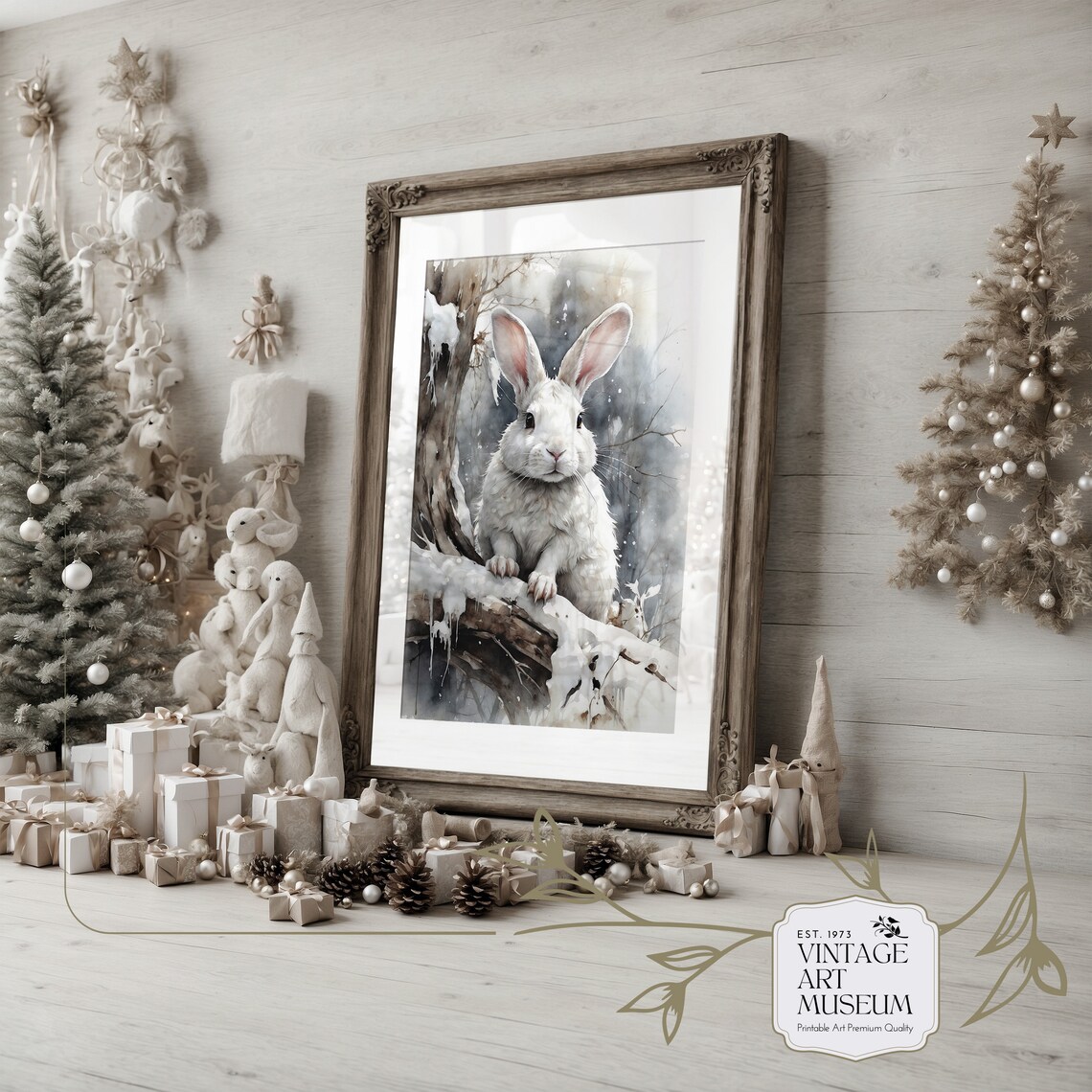 Cute Bunny Painting, Neutral Rustic Winter Art Print - Image 3