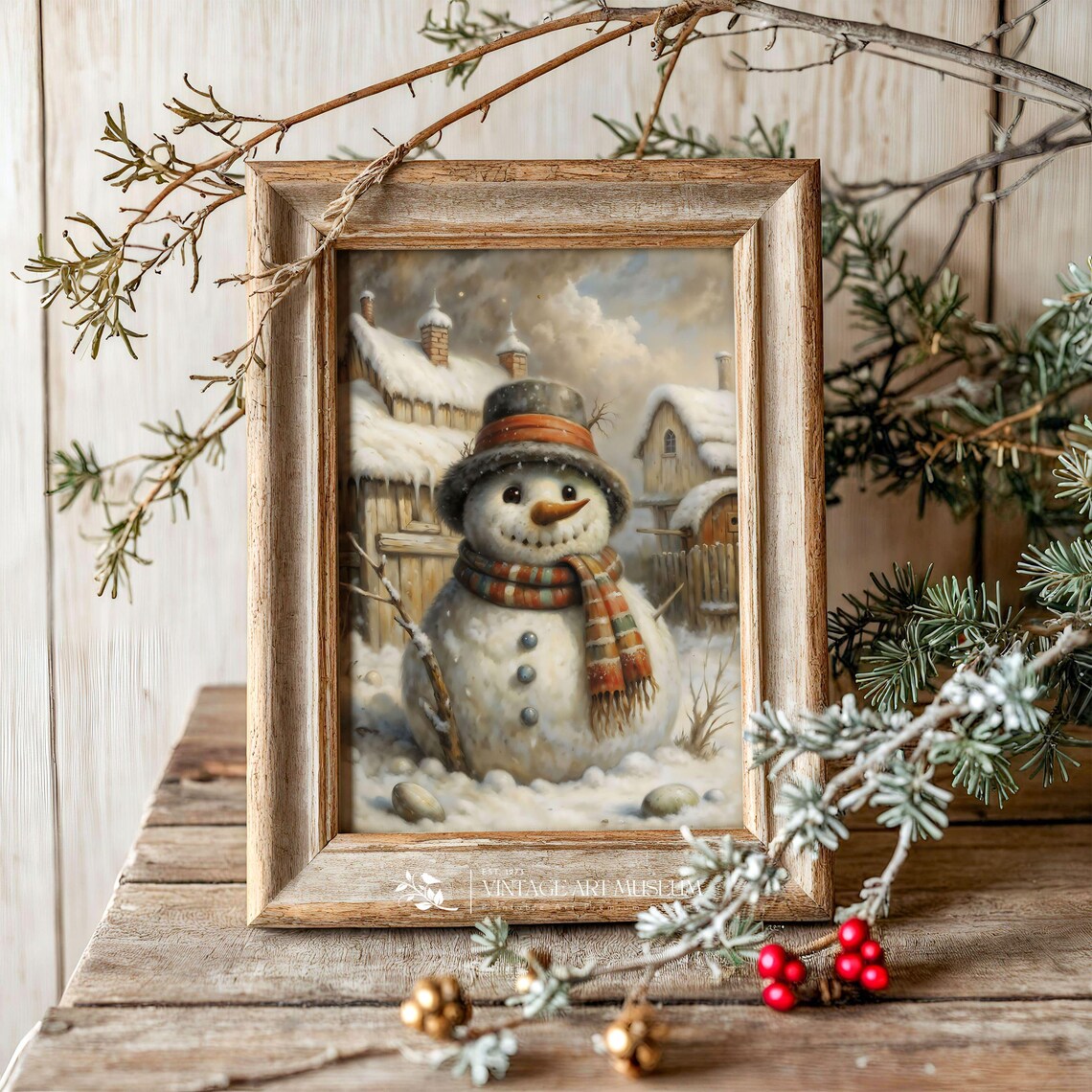 Enchanted Snowman, Cute Vintage Style Winter Scene - Image 3