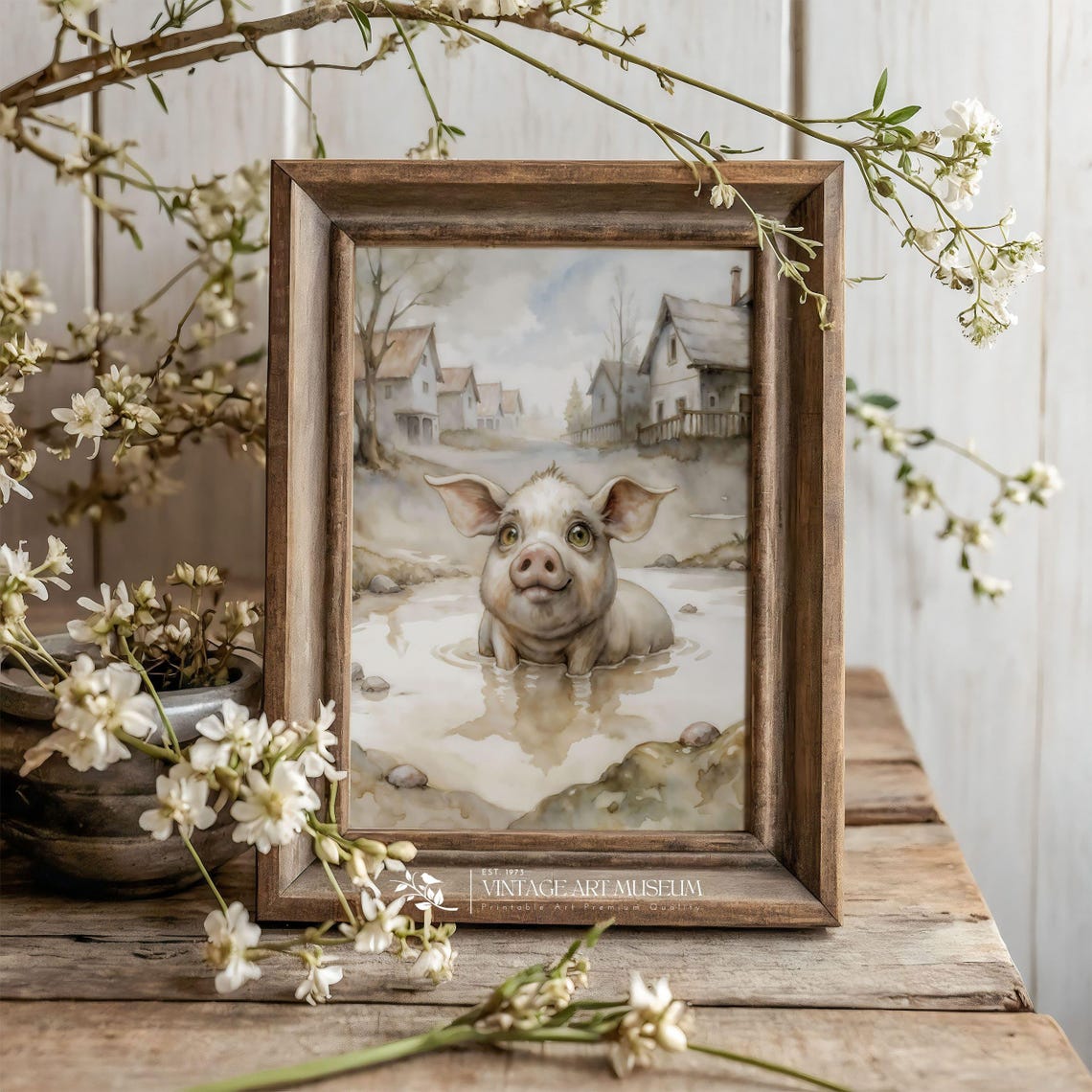 Cute Pig In Puddle Print Funny Nursery Wall Art Vintage Style Kids Decor 587 - Image 2