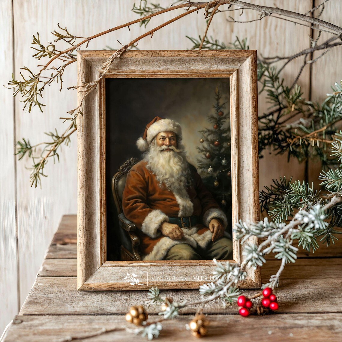 Happy Santa Portrait Vintage Christmas Art Print - Image 3