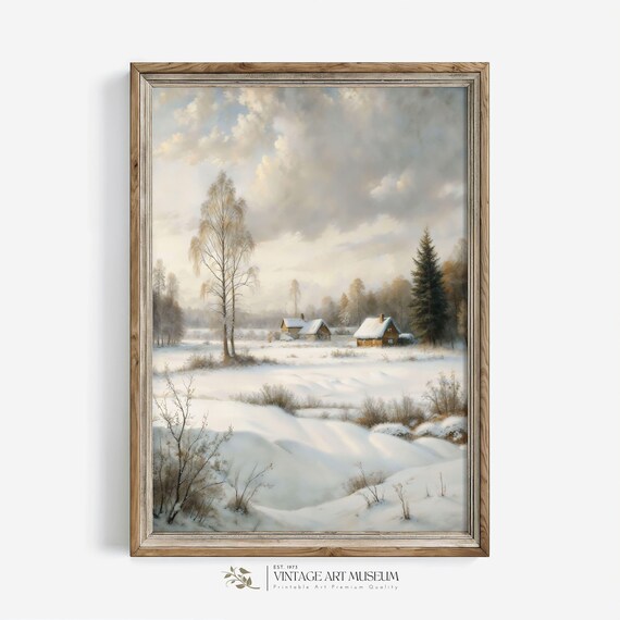 Snowy Countryside Cabins Winter Morning Landscape Vintage Oil Painting Poster