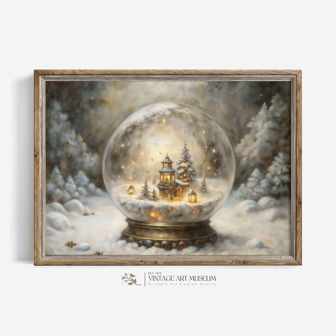 Enchanted Snow Globe Christmas Scene, Vintage Winter Art Print