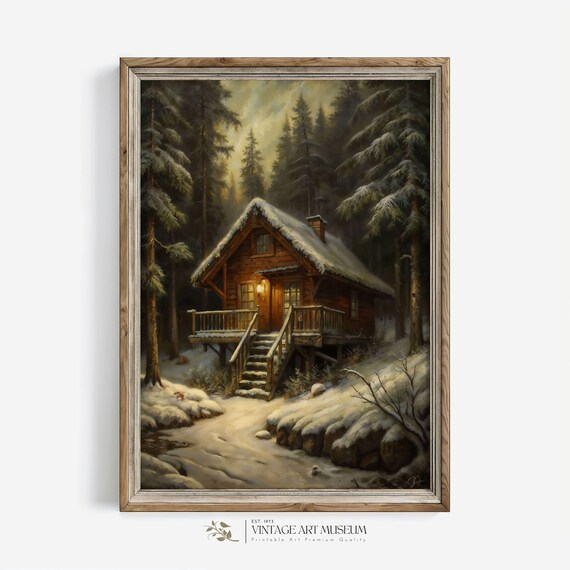 Cozy Winter House, Moody Vintage Art Print