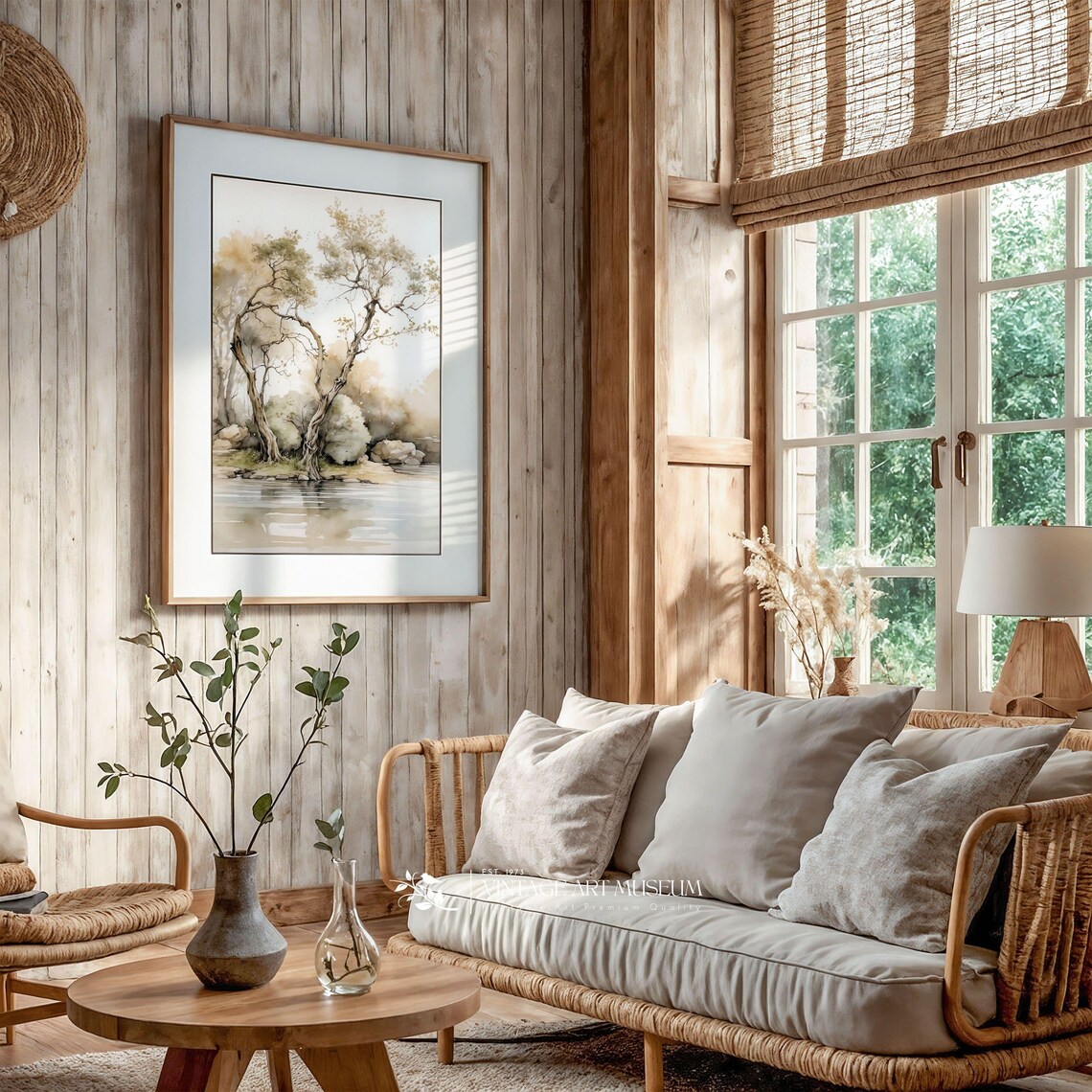Minimalistic Garden Tree By The River Watercolor Art Print - Image 2