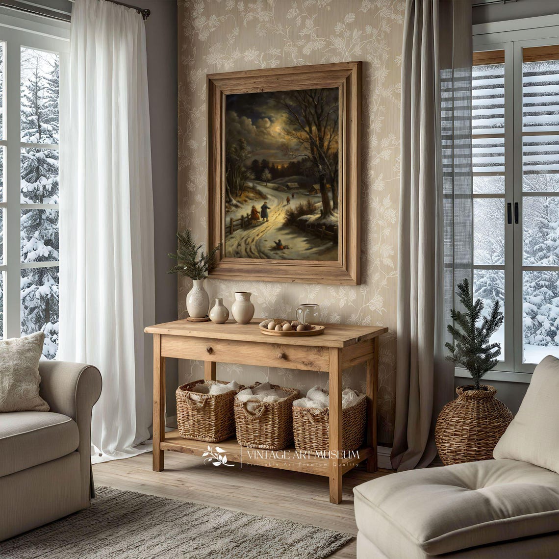 Moonlit Winter Night With Figures on a Snowy Country Road Poster - Image 2