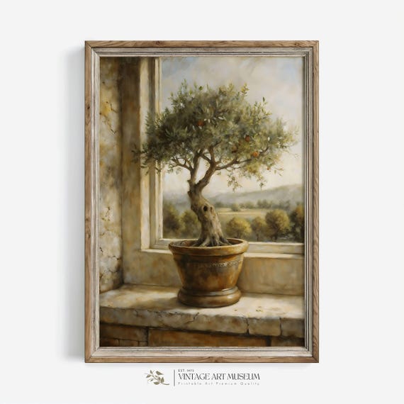 Rustic Olive Tree Still Life Painting Print Vintage Style Moody Wall Art Oil Painting Cottagecore Cozy Decor 289