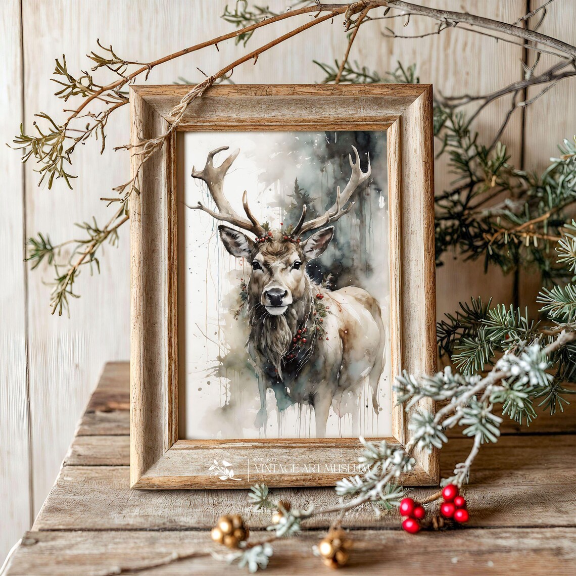 Santas Reindeer Christmas Watercolor Art Print - Image 3