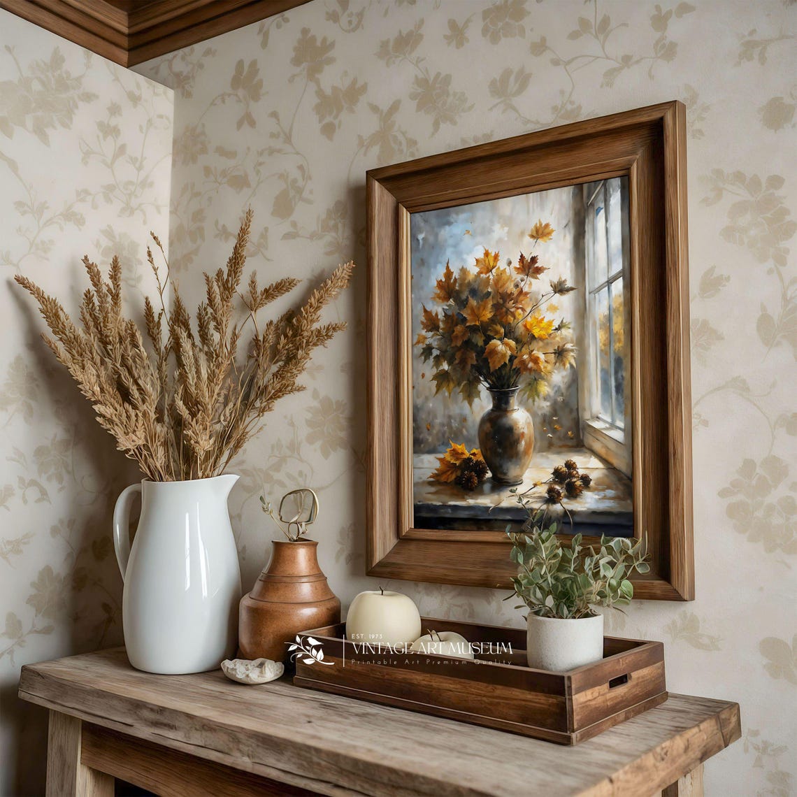 Autumn Maple Leaves in Vase by Window Vintage Still Life Wall Art - Image 3