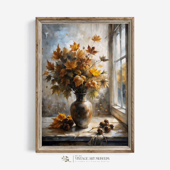 Autumn Maple Leaves in Vase by Window Vintage Still Life Wall Art