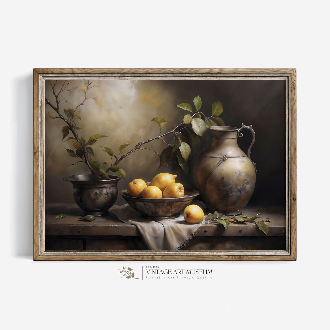 Lemons And Clay Jug Still Life, Vintage Oil Print