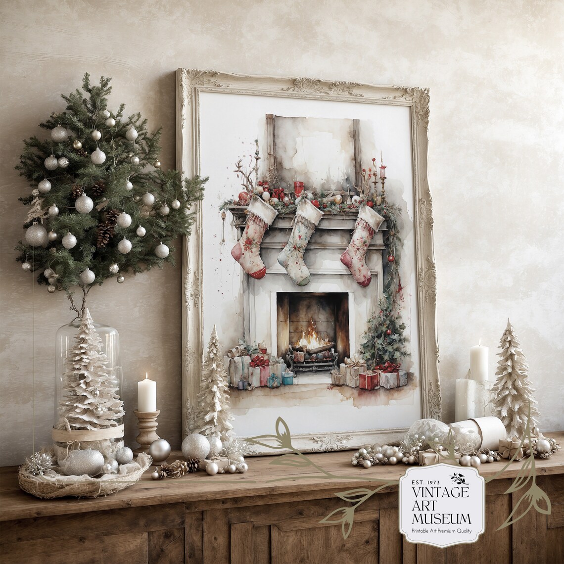 Christmas Fireplace Vintage Art Print, Farmhouse Decor - Image 2