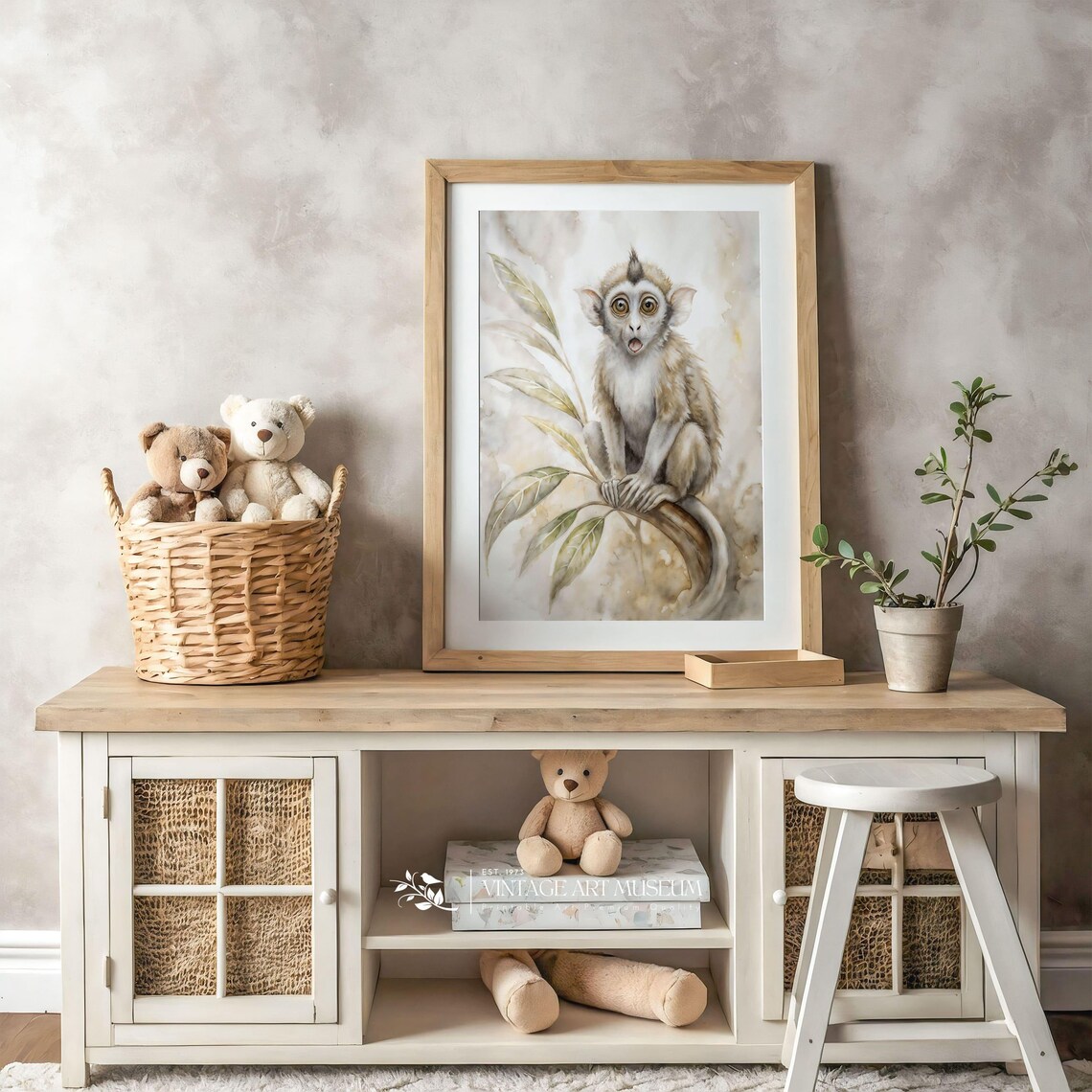 Watercolor Baby Monkey on a Branch Soft Nursery Animal Wall Poster - Image 3