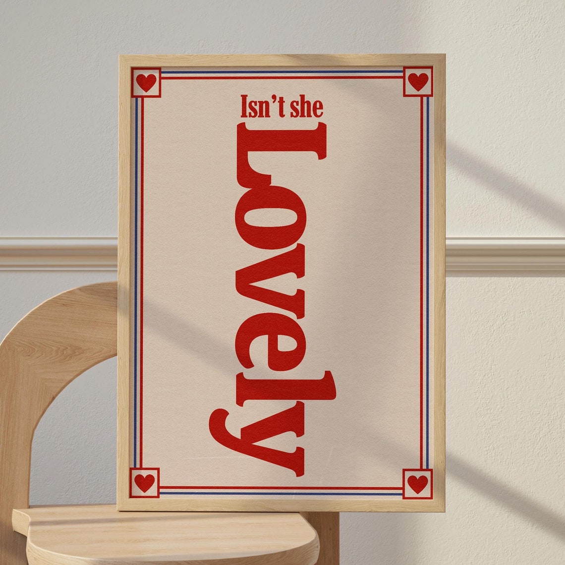 Isnt She Lovely Poster with Vertical Red Typography and Heart Corners