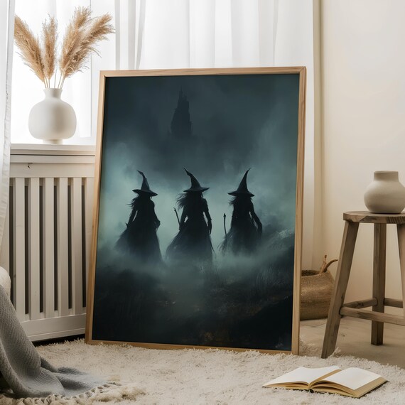 Three Black Witches Silhouettes Swirling Mist Dark Castle Halloween Poster